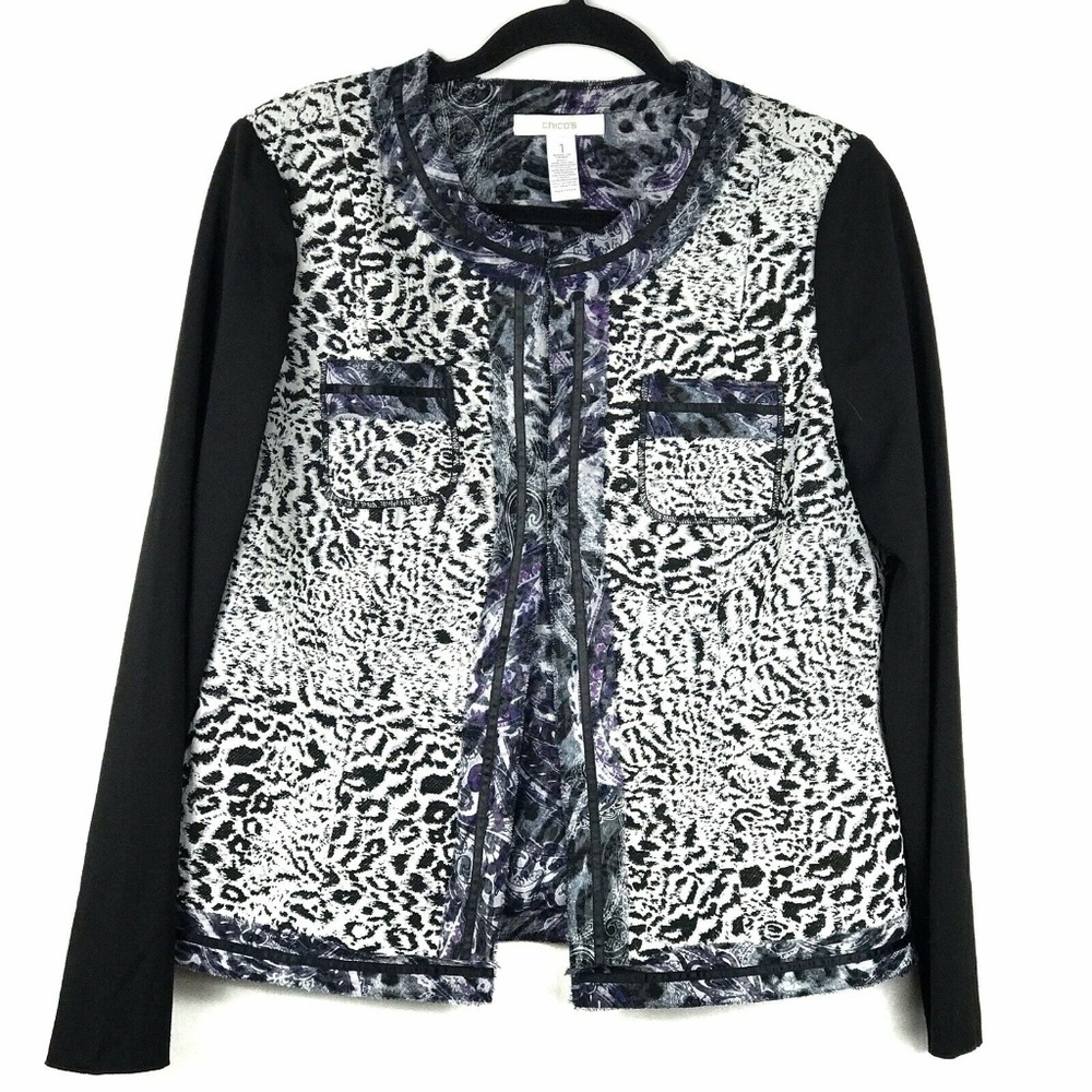 Chicos Blazer Leopard Chiffon Trim Raw Edge LS